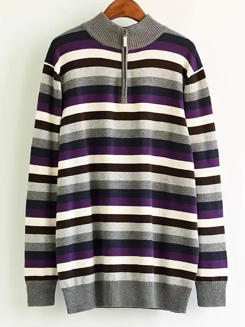 

Свободный крой, вязаный свитер из чистого хлопка, большой размер, в полоску с воротником-стойкой, осень-зима, модная городская одежда...