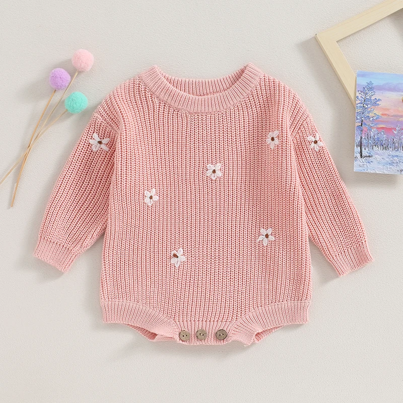 

0-24M Toddler Infant Baby Girls Autumn Winter Sweater Romper Long Sleeve Flower Embroidery Knit Warm Romper Tops