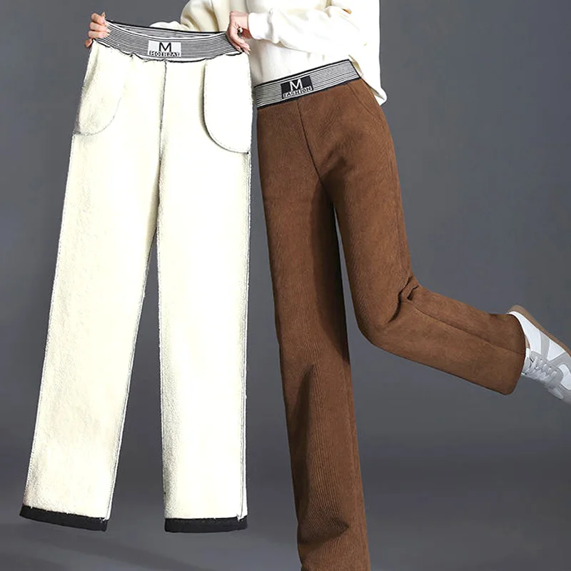 

Women Warm Winter Plush Thickened Pants Corduroy Casual High Waist Wide Leg Pants Cotton Fleece Loose Straight Women's Trousers
