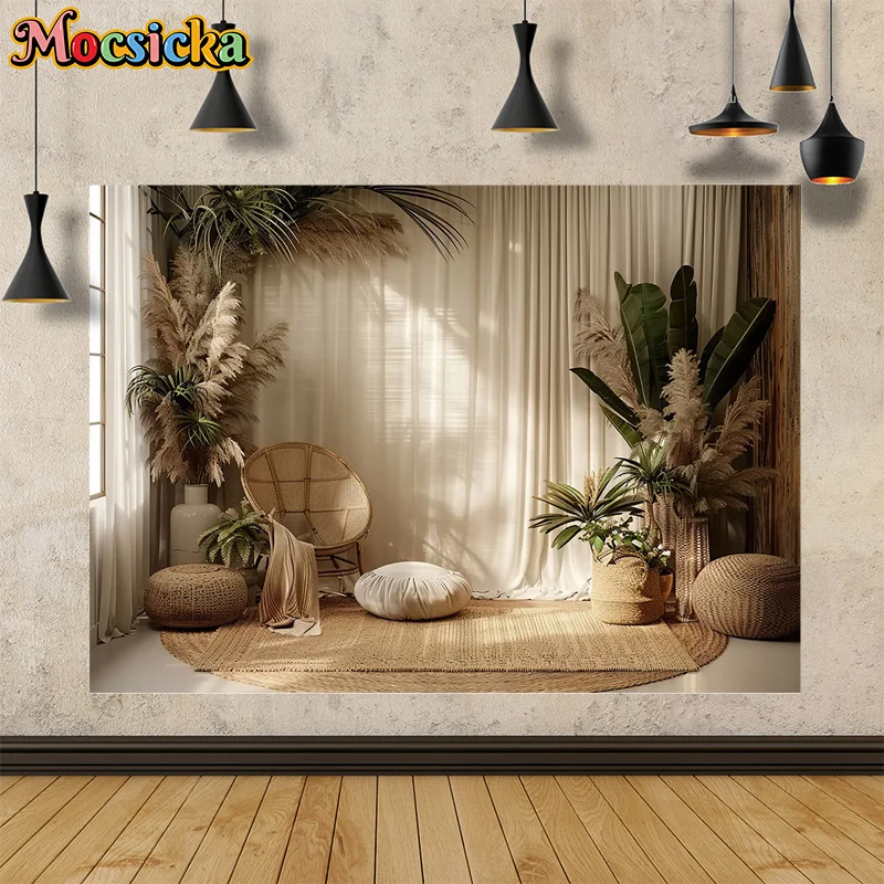 Mocsicka Summer Photography Backdrop Happy Birthday Party Living Room Greenery Curtain Background Adult Kids Portrait Studio