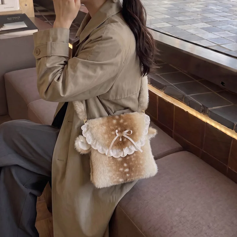 New Niche Girl Cute Shoulder Bag Bow Lace Border Dot Faux Fur Crossbody Bag Large Capacity Casual Versatile Phone Bag