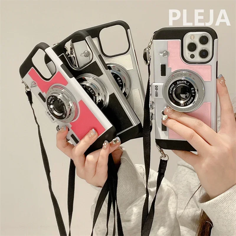Fashion Crossbody Strap 3D Camera Phone Case For iPhone 16 15 Pro 14 Plus 11 13 12 Pro Max X XRCover Cute Soft Protective Cases