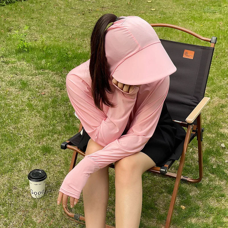 ملابس واقية من الشمس بغطاء للربط للنساء ، رقيقة سريعة الجفاف ، عباءة حرير ثلجي ، قبعة قميص واقي من الشمس ، معطف خارجي والأشعة تحت البنفسجية ، الصيف