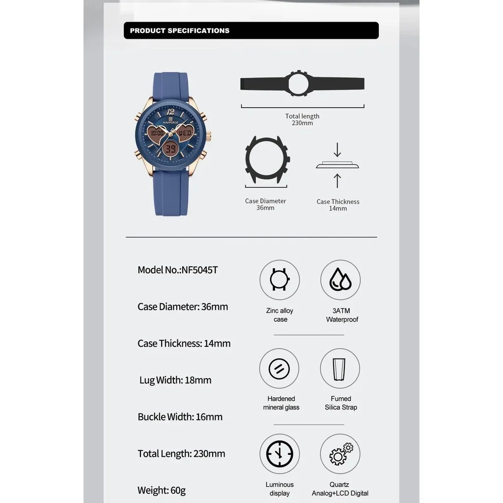 NAVIFORCE NF5045T Reloj elegante de lujo para mujer con doble pantalla resistente al agua pulsera para mujer relojes para mujer