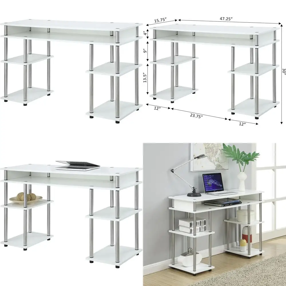 

Contemporary 47.25 Student Desk with Storage Shelves, Ideal for Office, Dorm, and Vanity, White