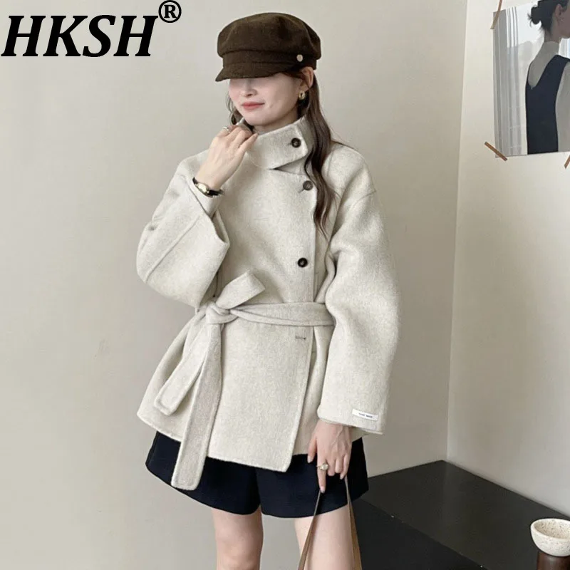 

HKSH Autumn Winter New Women Stand Collar Drop Shoulder Woolen Coat Asymmetrical Single Breasted Reversible Overcoat Ins HK10606