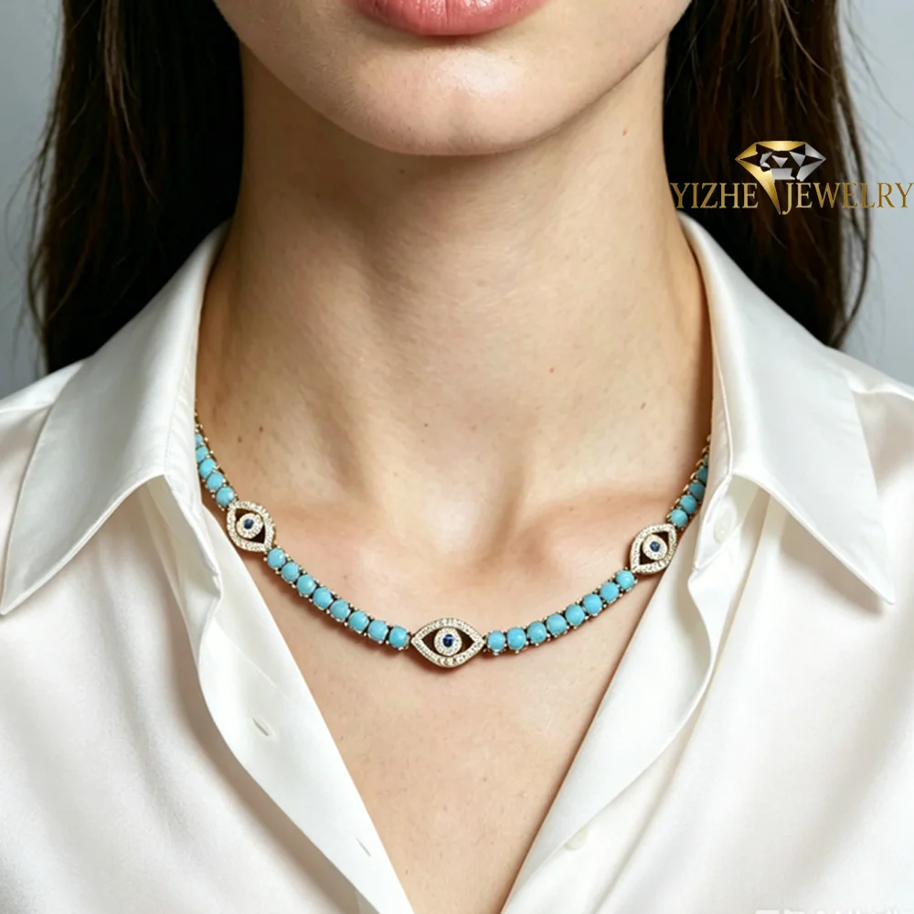 Turquoise Stone Ring - 新しいファッションチャームブルーターコイズストーンテニスチェーンブレスレットネックレス女性のための高品質ジュエリー