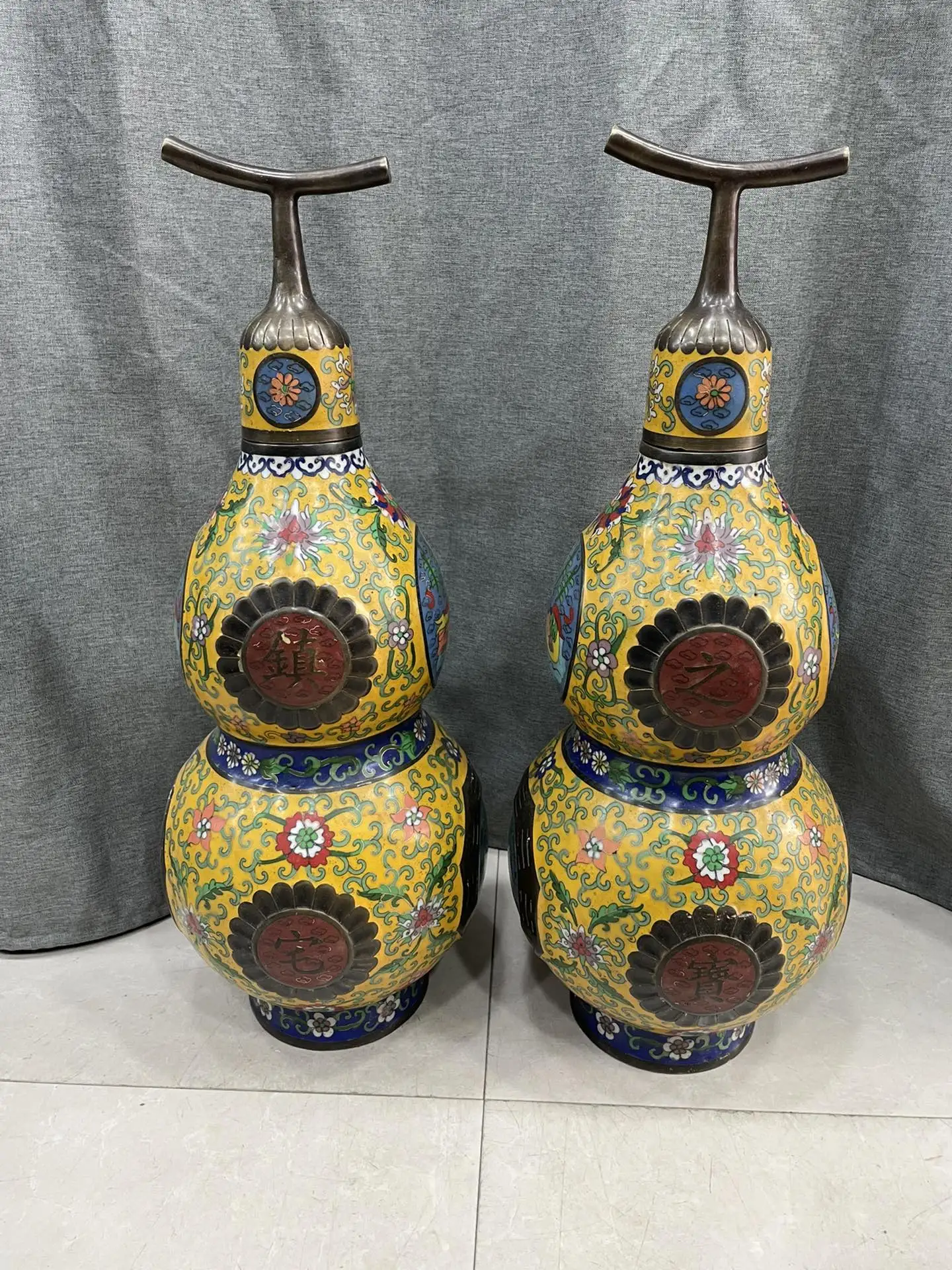 

23"Tibetan Temple Collection Old Bronze Cloisonne Enamel Mandarin duck Pattern Town house Gourd A Pair Amass wealth Ornaments