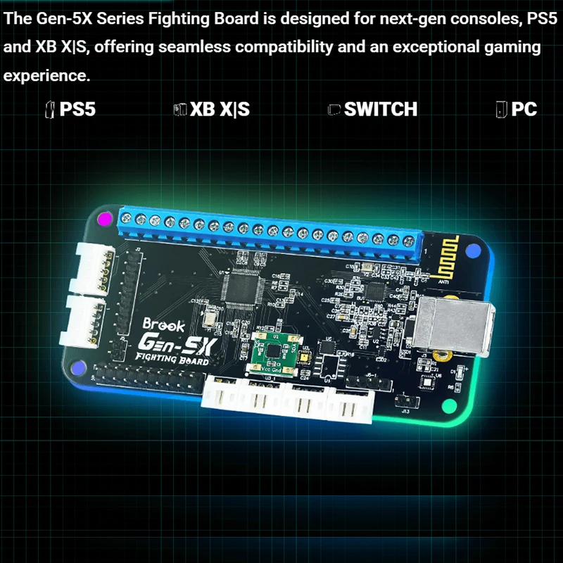 Brook Gen-5X Fighting Board Multi-Platform Controller with RGB-LED Lighting Effects Supports PS5 Xbox Series X/Switch/PC