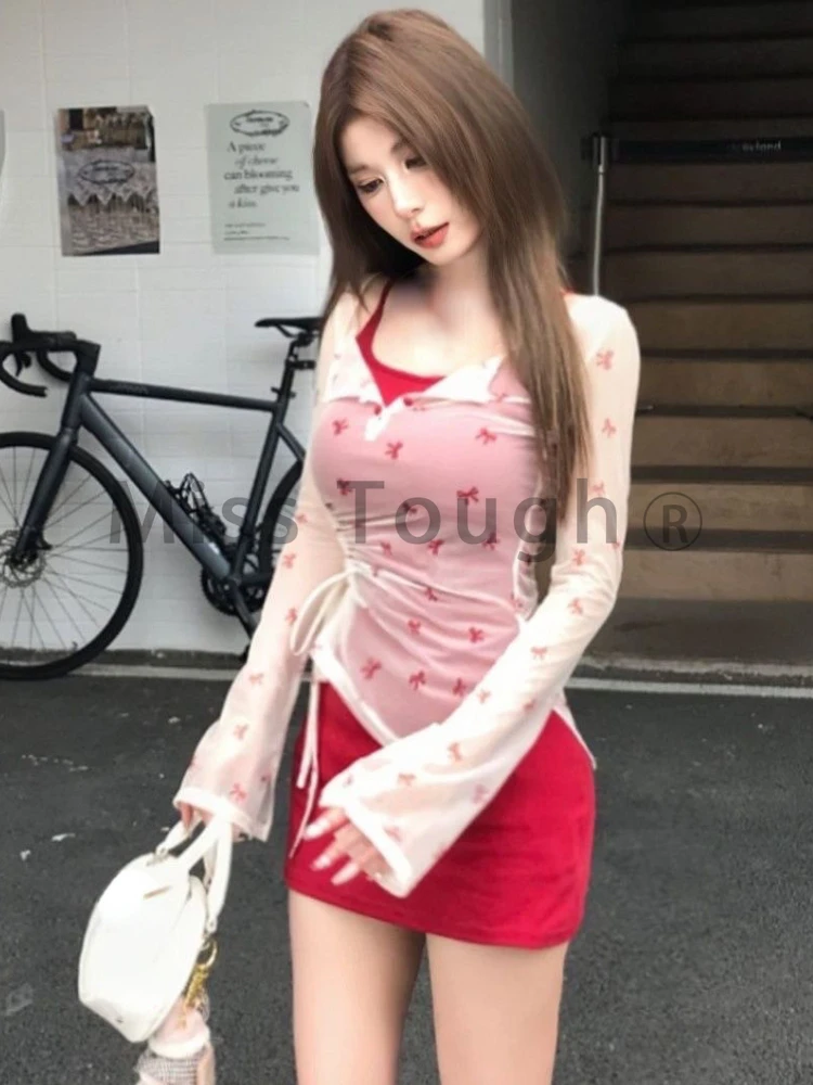 Autumn Sexy Kawaii NewTwo Piece Set Women Lace Slim Chiffon Sweet Set Female Korean Fashion Chic Print Princess Dress Suit 2024