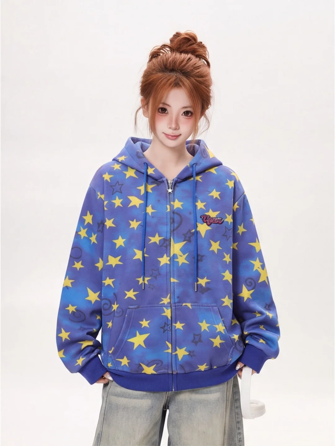 American Style Ant Star Print Hoodie Women's Open Cardigan Loose Casual Fall New Outerwear Long Sleeve Zipper Closure Coat