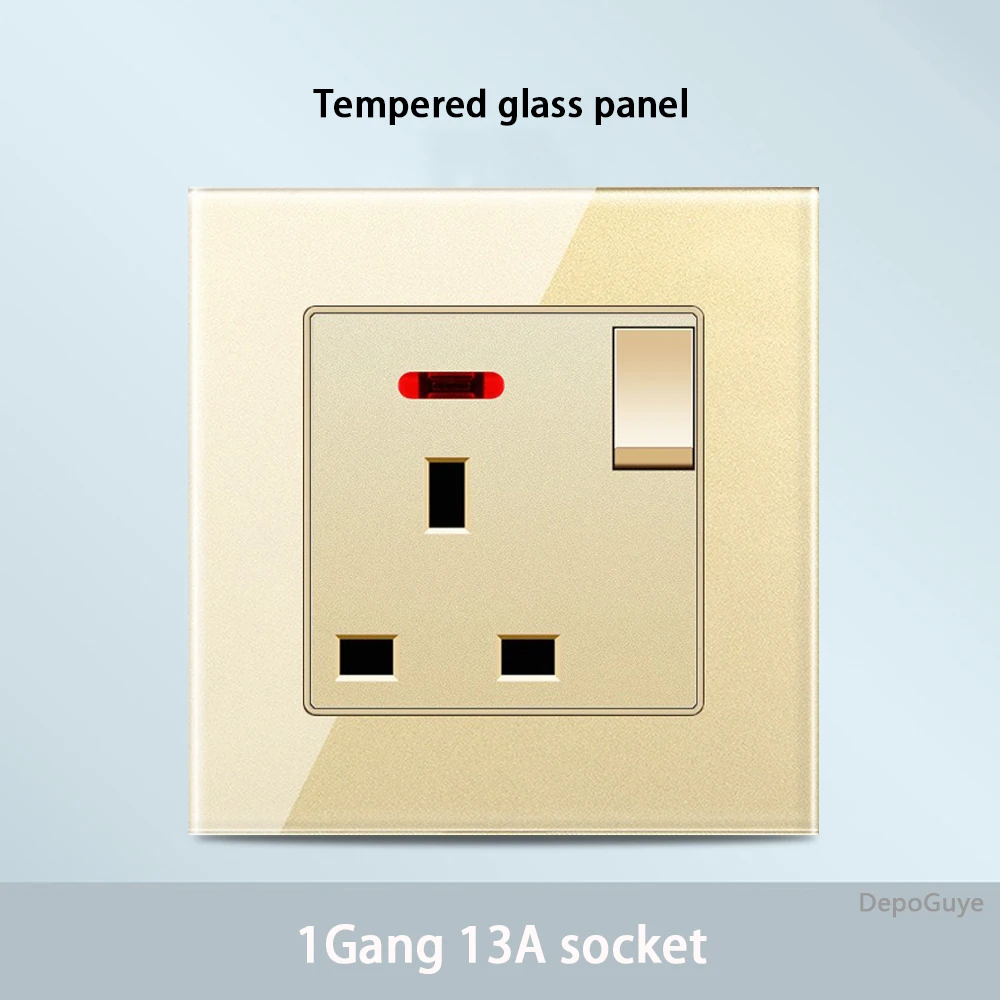 Gold Universal Tempered Glass Wall Socket,UK 13A power outlet with USB Type C 18W Quick Charge,Home Light Electric Switch Panel image 3