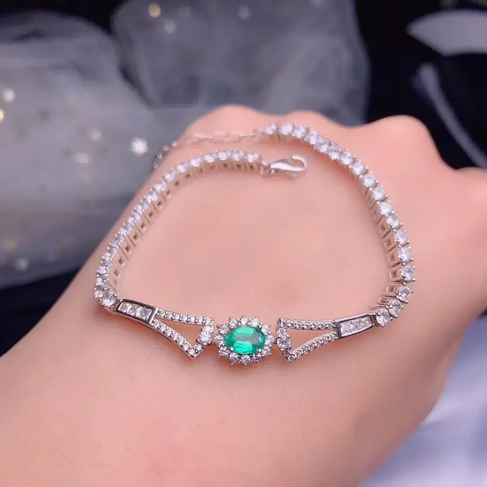 

Boutique Jewelry 925 Sterling Silver Inlaid Natural Emerald Gemstone Ladies Bracelet Support Detection Fashion
