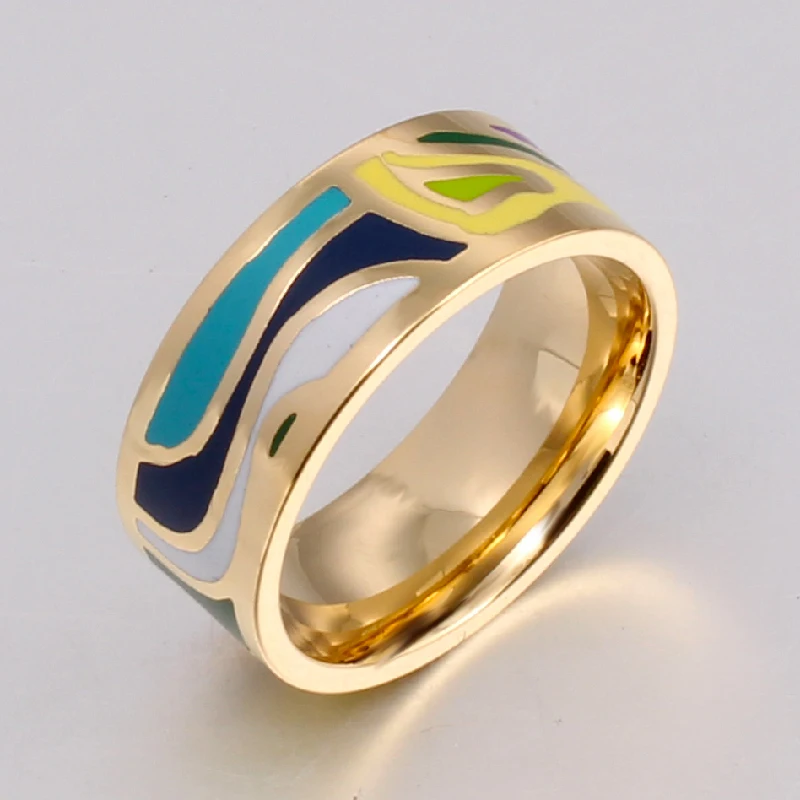 Beautiful Geometry Color Vintage Enamel 0.8cm Width Gold Rings for Women Ethnic Jewelry