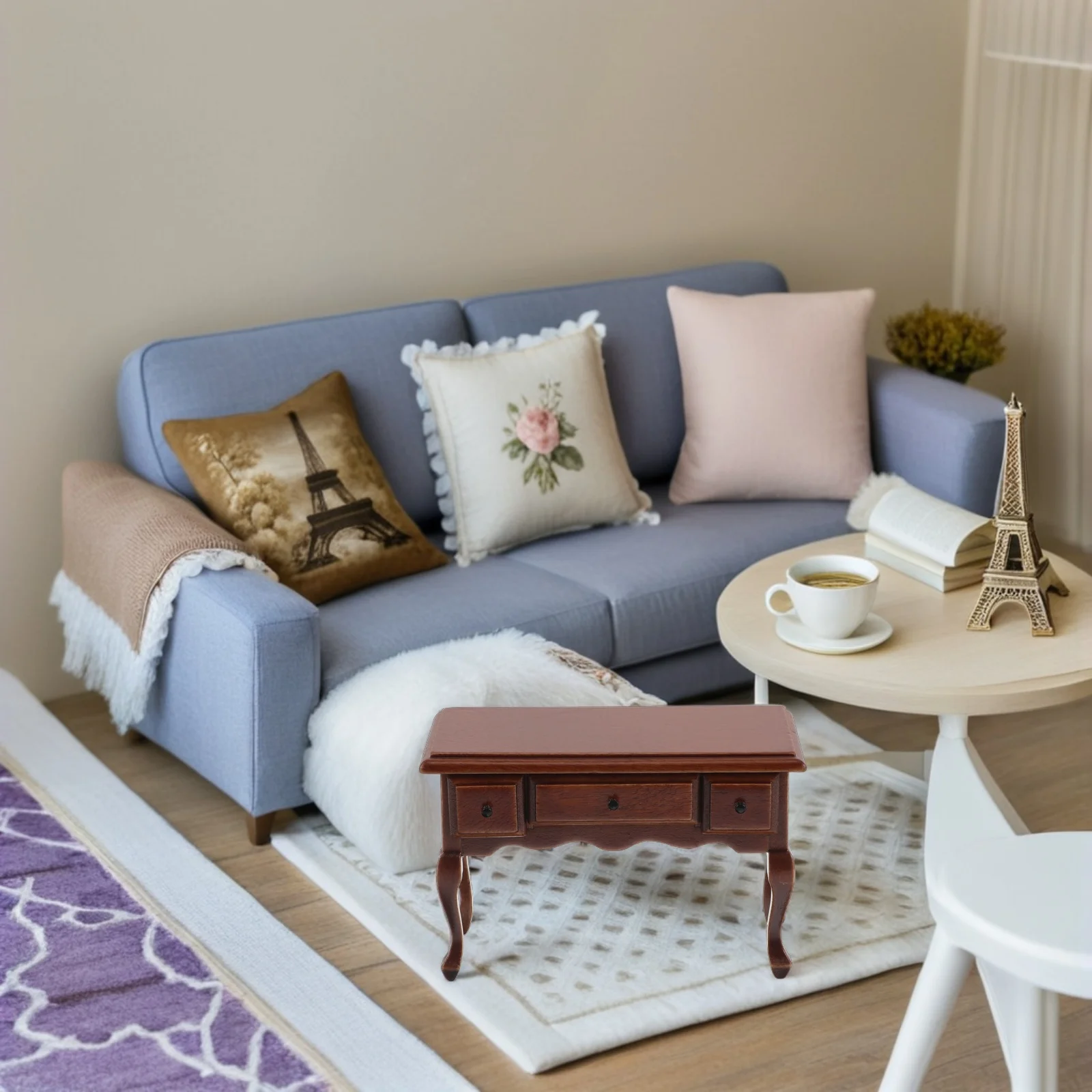 Meble do salonu dla lalek, stolik, miniaturowy model sceny, stoliki kawowe, biurko w stylu vintage