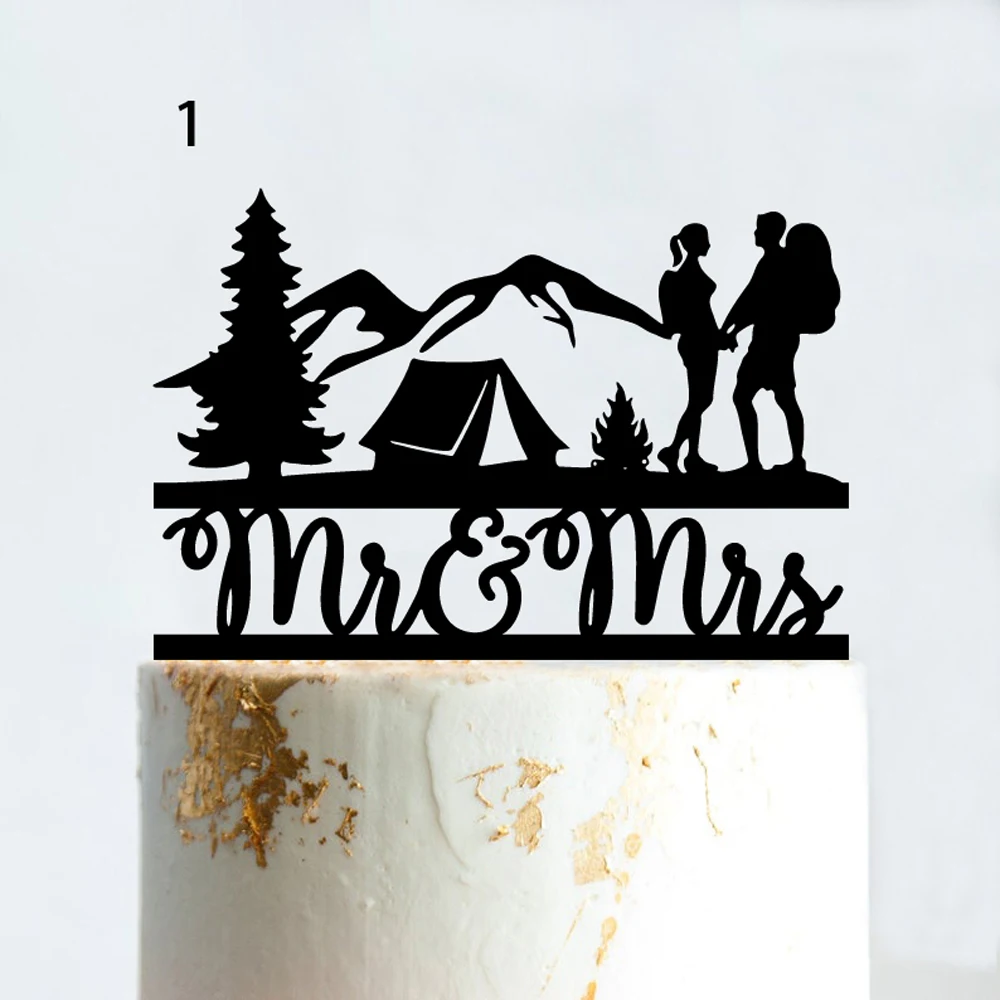 Mountain Outdoor Wedding Cake Topper Backpacking Camping Bride And Groom Hiking Travel Party Engagement Wood Acrylic Decoration