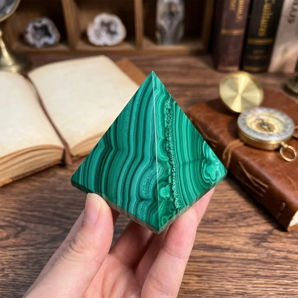 Natural Green Malachite Pyramid Crystal, Mineral Reiki Healing Stone, Quartz Carved Gem for Wealth, Home Office Energy