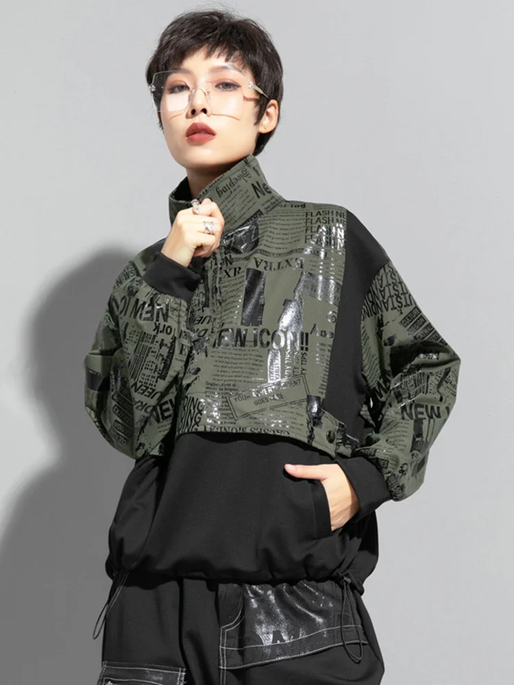 [EAM] Loose Fit Printed Spliced Sweatshirt New Stand Collar Long Sleeve Women Big Size Fashion Tide Spring Autumn 2024 1DF1320