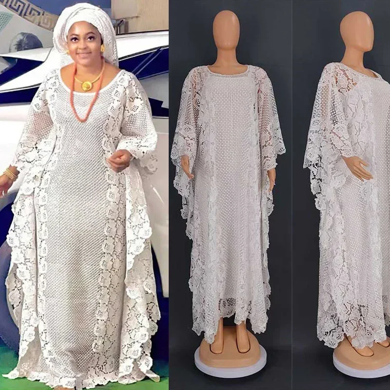 White Lace African Dresses for Women Loose Abaya Dubai Kaftan Traditional Boubou Robe Africa Dashiki Moroccan Caftan Arabic Gown