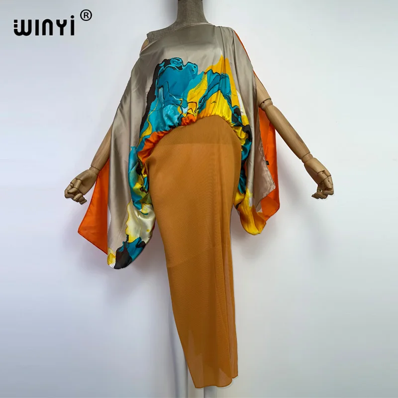 WINYI 2022 Europe Print color blocking caftan For Women Pleated Dress Design Loose Dress Maxi Long Femme Party Elegant Dress