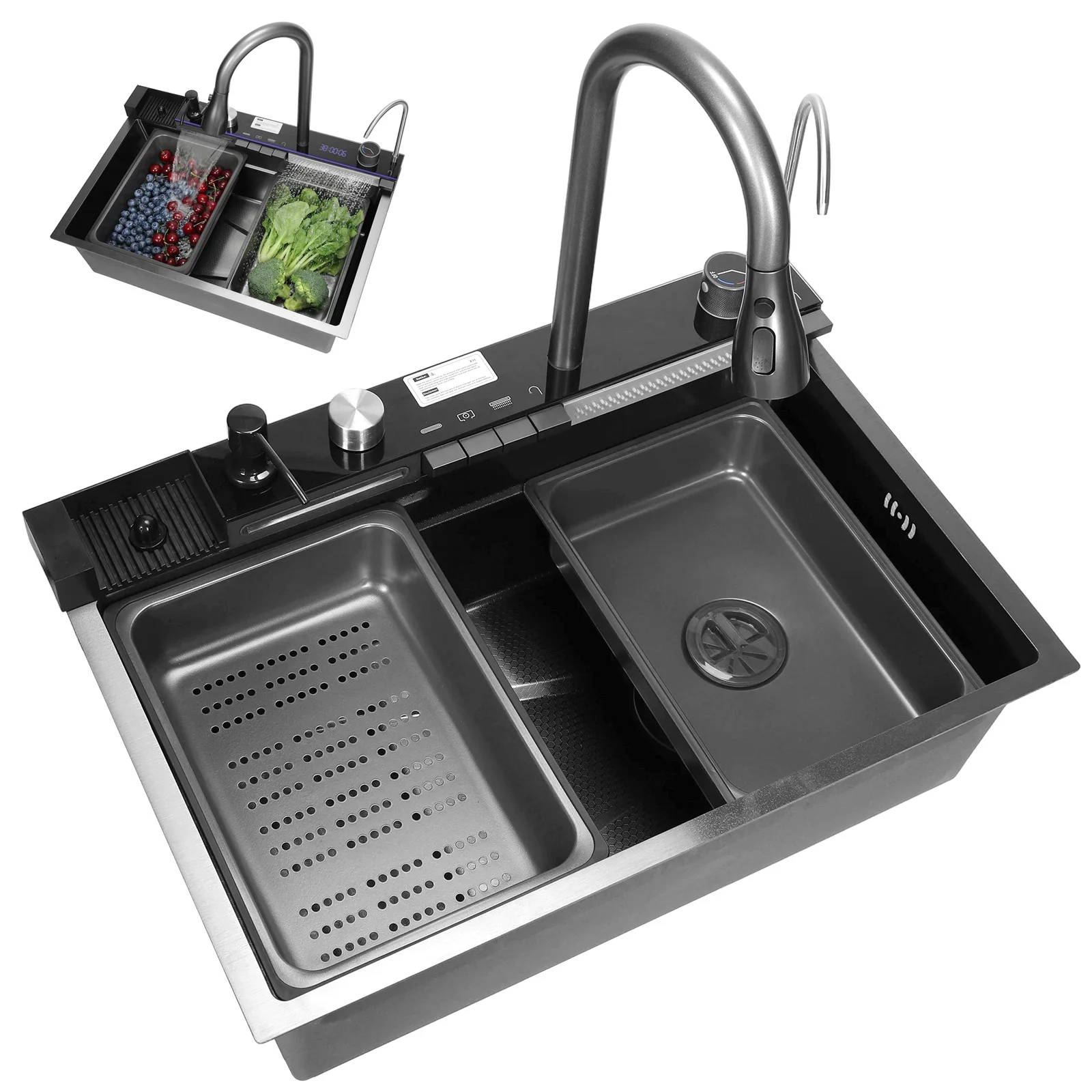 

Stainless Steel Kitchen Sink Double Waterfall Sinks Drop-in Workstation with Cutting Board Drain Basket and Accessories