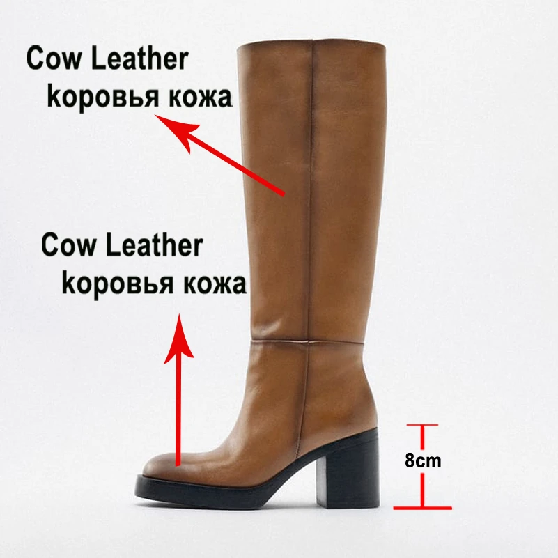 Meotina Ins Women Genuine Leather Knee High Boots Round Toe Platform Block High Heel Lady Zipper Long Boot Autumn Winter Shoes