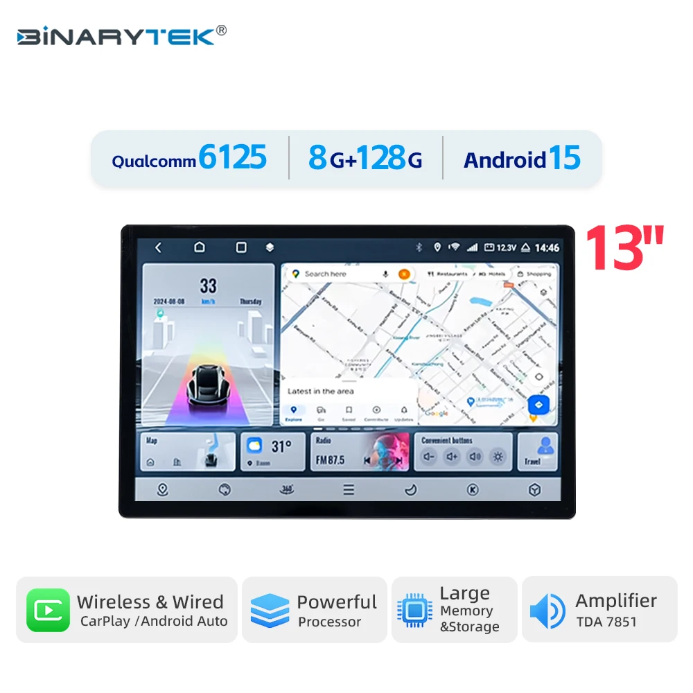 New13inch Universal Car Radio DVD Android Player with Wireless CarPlay Android Auto Upgraded Multimedia Navigation 2K Screen