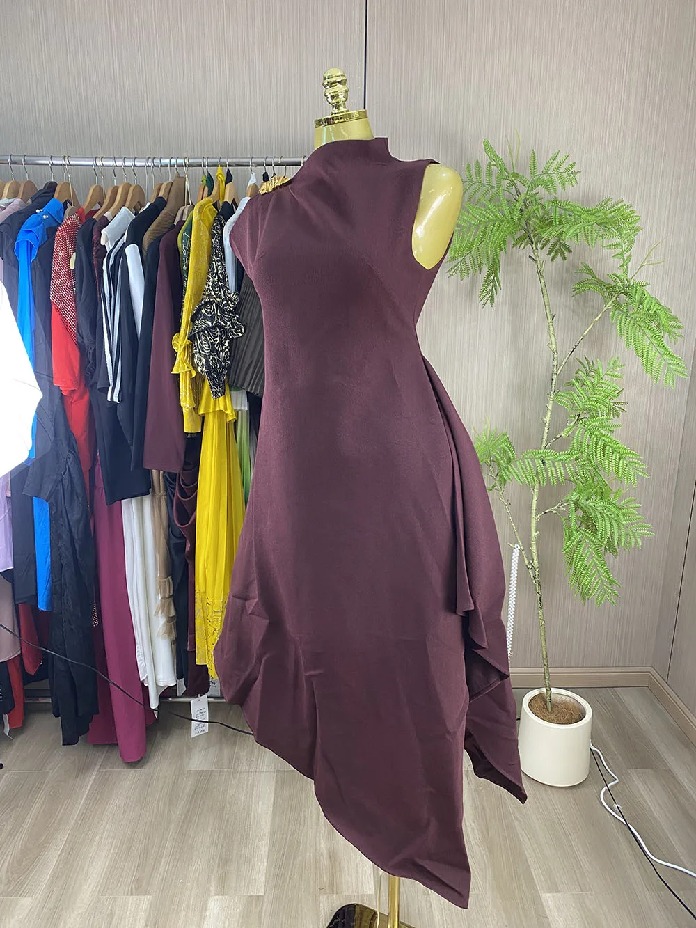 New Summer Casual Off-Shoulder Asymmetrical Pleated Dress – High-Waisted, Elegant Maxi Dress-GZXX1141