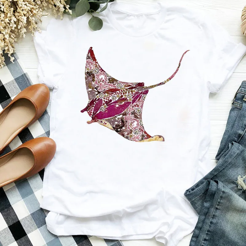 

Creative Manta Ray Leaf Print T-shirt Men's and Women's Short Sleeve Loose Modal Top Aesthetic Harajuku Graphic T Shirts