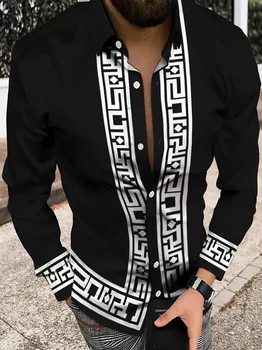 남성 패션 기하학적 스트라이프 프린트 셔츠 - 편안한 핏 봄, 가을 레저 긴팔 셔츠 플러스 사이즈 XS-6XL