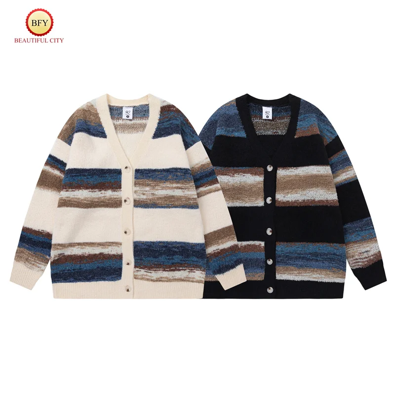 New Fall Winter Brand Men's Women's Top Quality Sweater Striped Jacquard Patchwork V-Neck Woolen Sweater