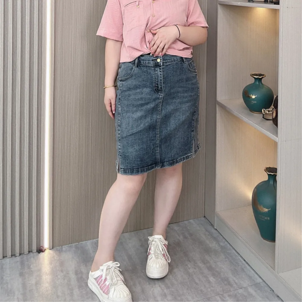 Summer High Waist Denim Skirt Women's New Plus Size Loose Thin Elastic Casual Slit Skirt