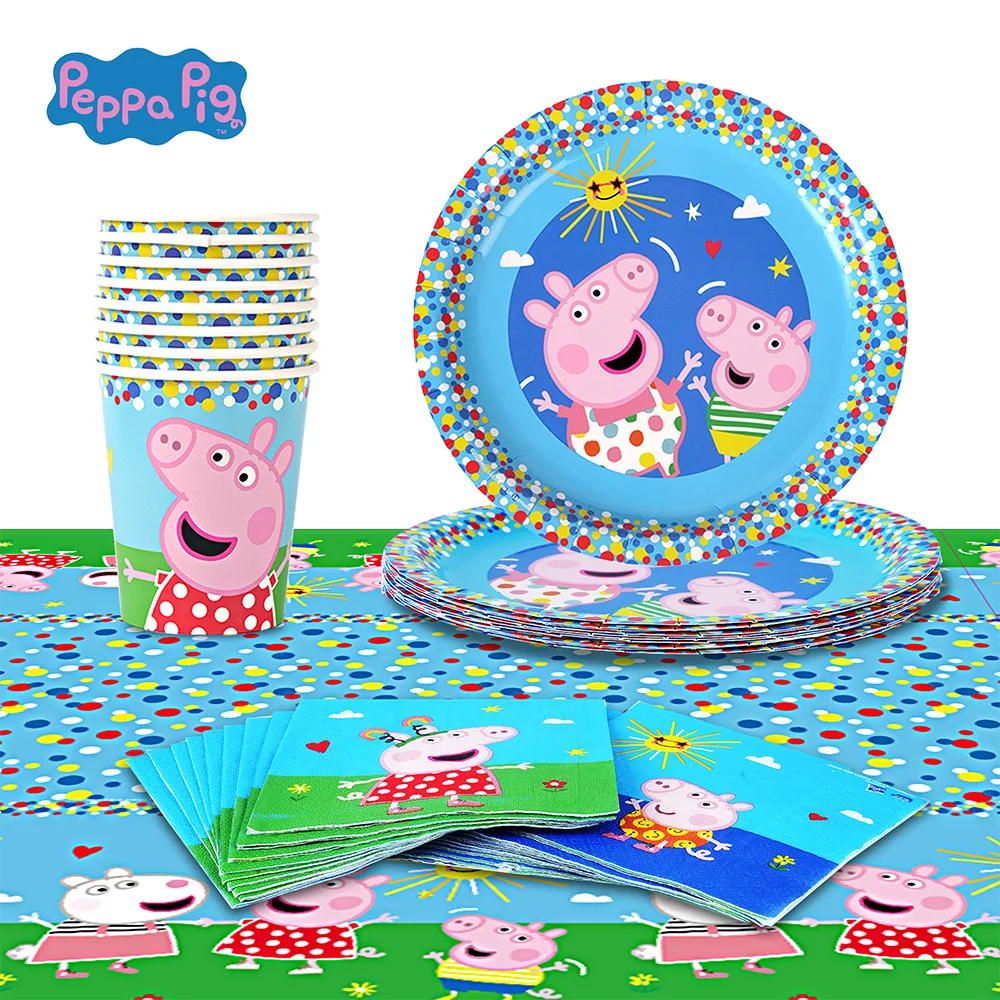 Peppa Pig 37PCS Birthday Party Supplies Disposable Tableware Kit Paper Cups Plates Napkins Tablecloth Cartoon Party Decorations