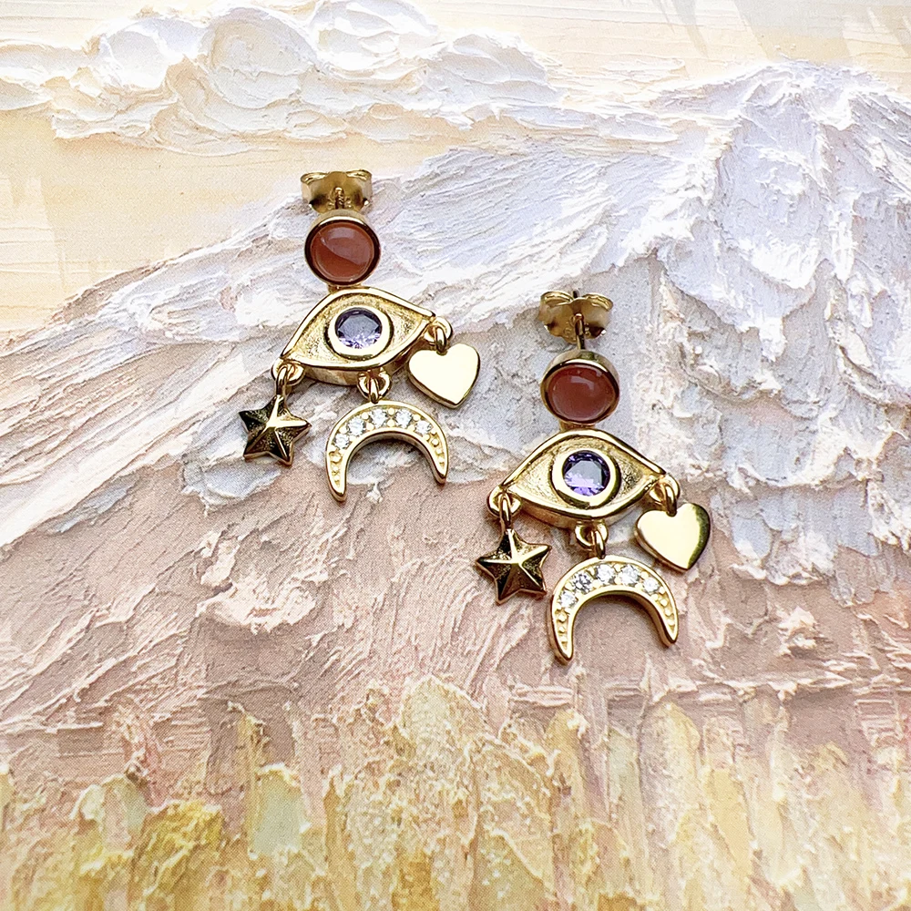 Kosmiczne talizmany Oko Gwiazda Księżyc Serce Kropla Kolczyki Europa Styl Fine Jewerly Bohemia Nowy 925 Sterling Silver Prezent dla kobiet — zdjęcie 6