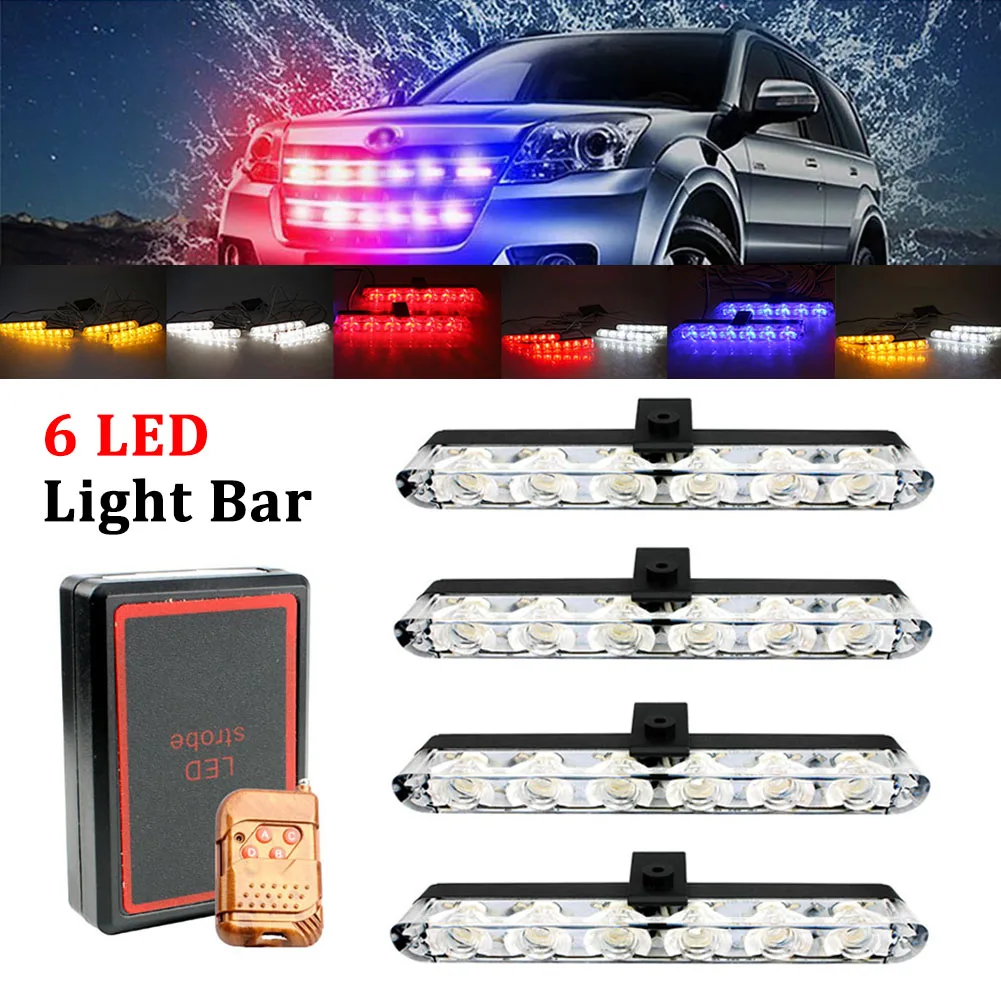 

4PCS Car Strobe Light 6 LED Grille Light DRL Red Blue Flashing Emergency Warning Signal Wireless Control for Truck Trailer