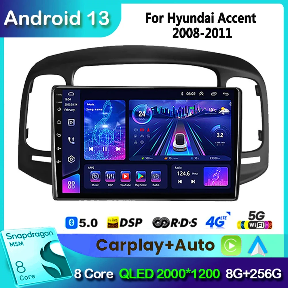Android 13 Car Radio for Hyundai Accent 2008 2009 2010 2011 Multimedia Video Player Auto Stereo GPS Navigation Bluetooth Carplay