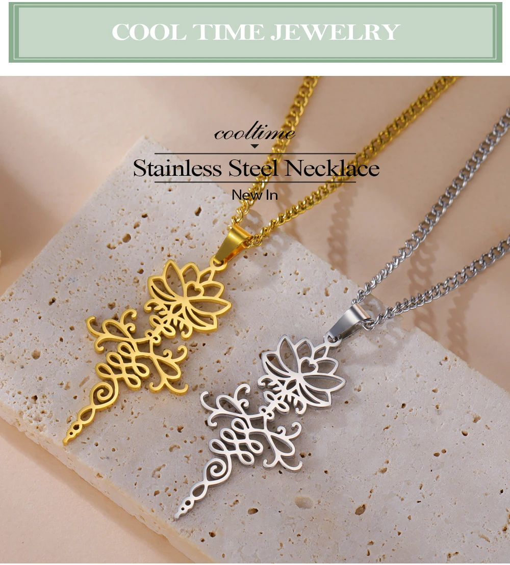 COOLTIME Lotusblume Anhänger Damen Halskette Edelstahl Mode Buddhismus Wiedergeburt und Reinheit Charm Halskette Amulett Schmuck – Detail 1