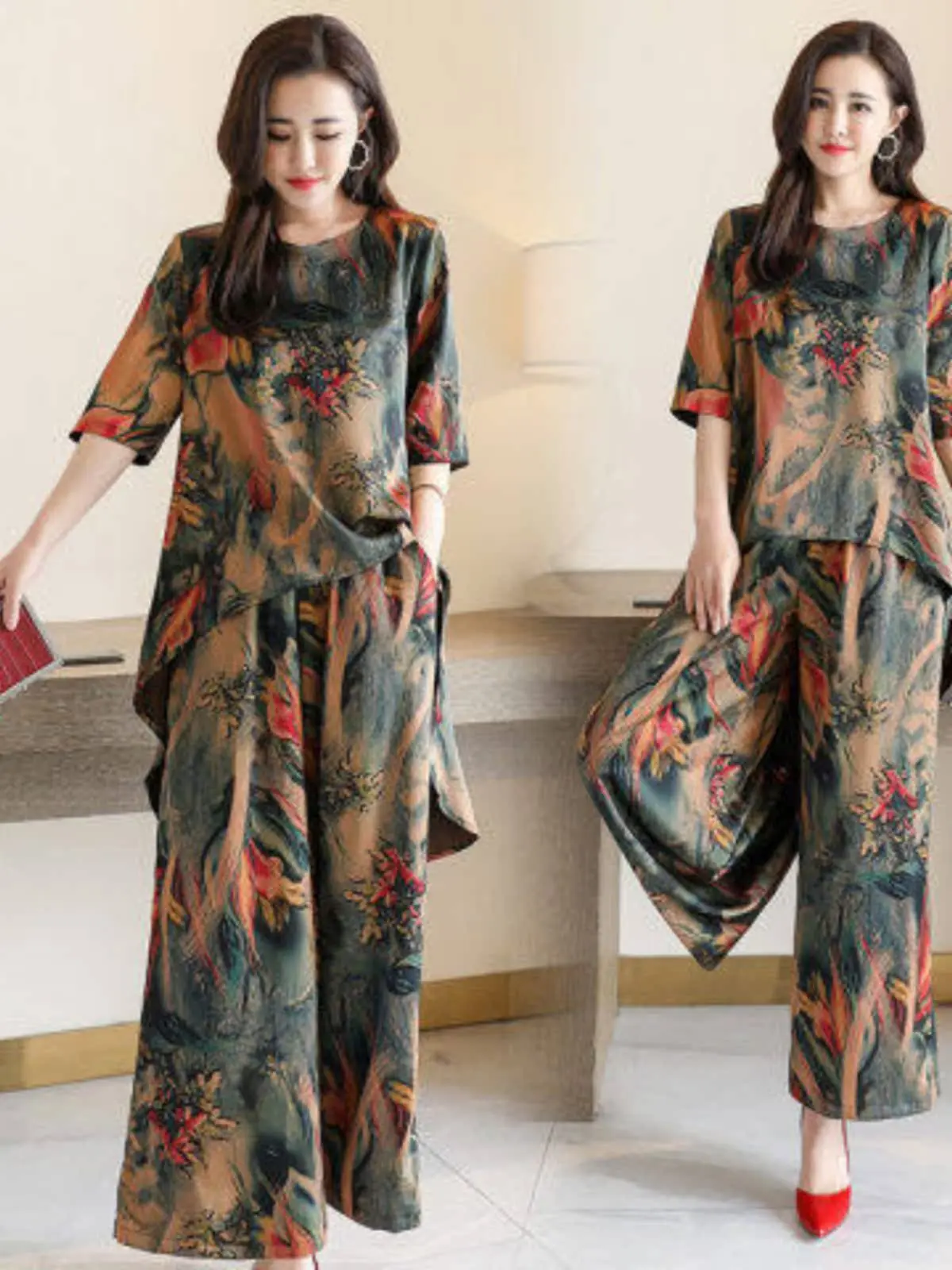 Summer 2026 Women's Loose Print Two-Piece Set Student Fashion Wide Leg Pants Casual Comfortable Quality Chinese Made