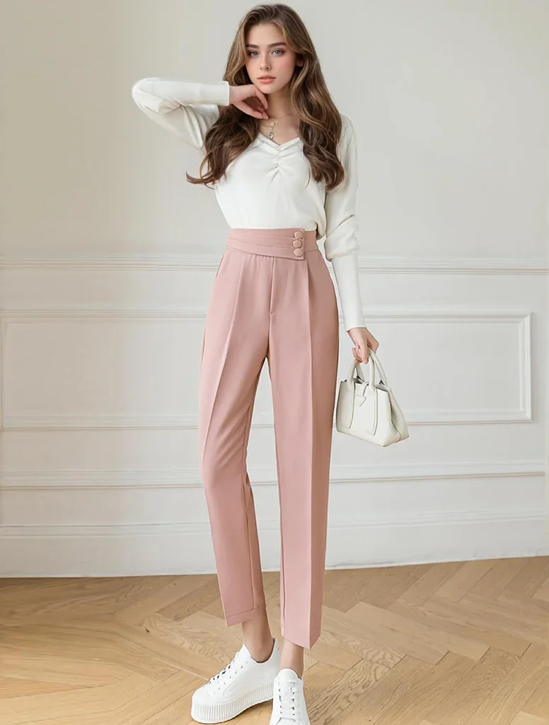 

Pop Pink Women's Harem Ankle-Length Pants With Button High Waist Casual Retro Autumn Cropped Trousers Lady