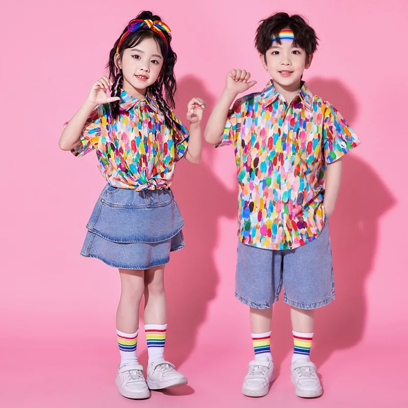 Hip Hop Ballroom Dancing Costumes 4 Girls Boys Color Shirt Blue Denim Shorts Skirt Kids Child Party Show Jazz Clothes Stage Wear