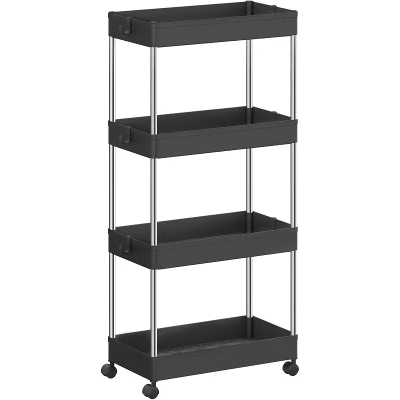 

Slim Storage Cart, 4-Tier Rolling Cart, Narrow Utility Cart on Wheels, 6 Hooks, 360° Swivel Wheels, Lockable, Steel Frame