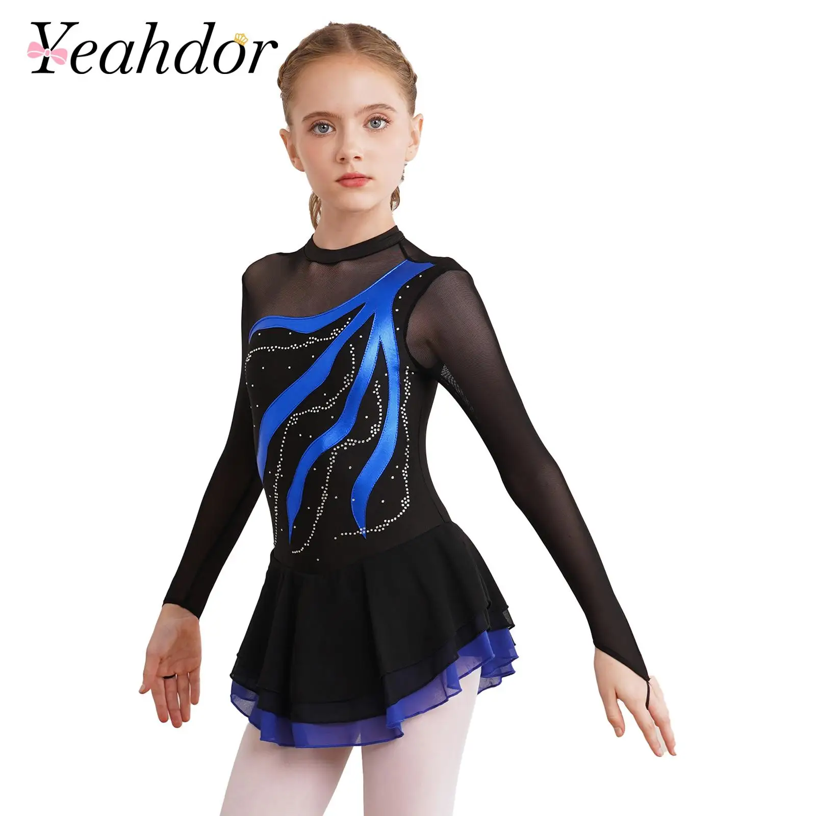 

Kids Girls Long Sleeve Rhinestone Figure Skating Dress Dance Wear Patchwork Ice Skating Gymnastics Leotard Costume Ballet Dress