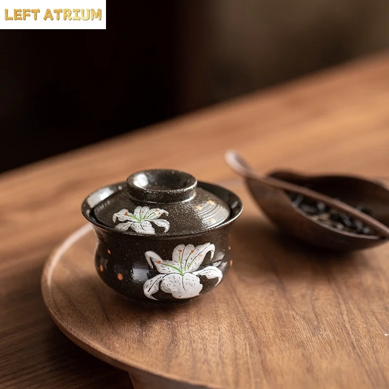 1PC Coarse Pottery Hand-painted White Lily Cover Bowl Japanese Household Ceramic Tea Bowl Tea Dispenser Uniform Cup Pot Bearing - view 5