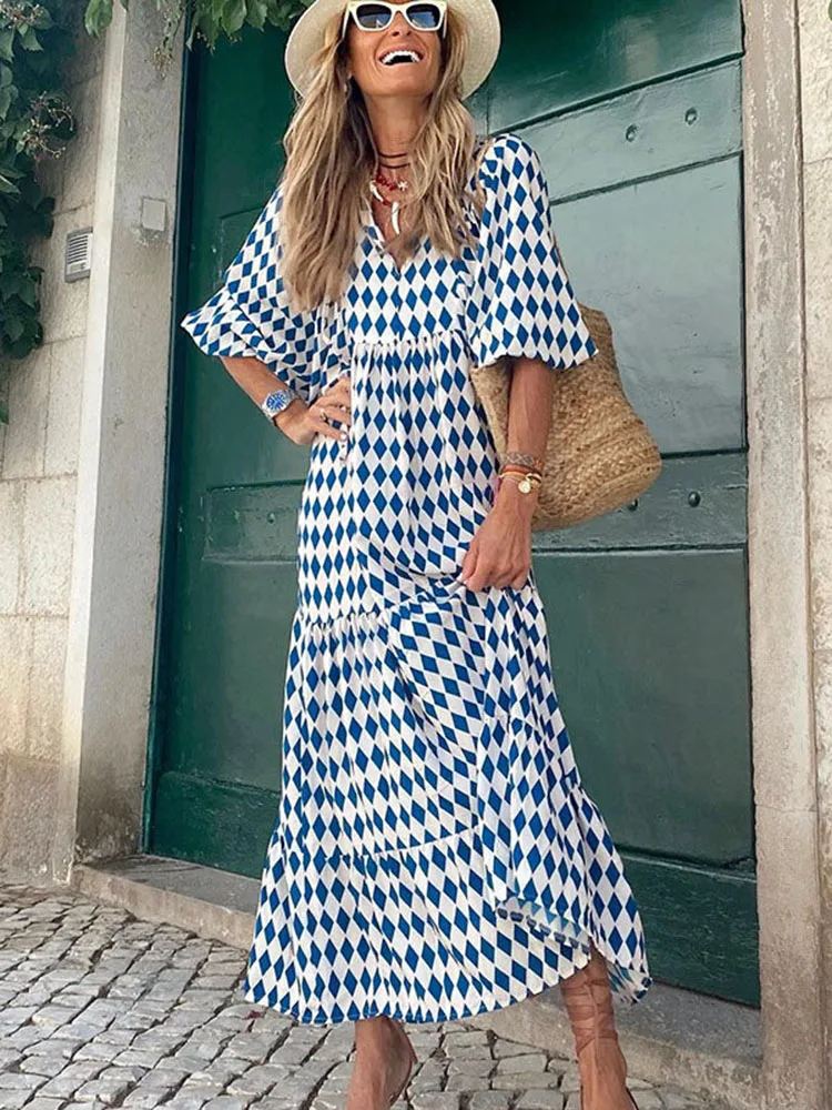 Vestido estampado a la moda para mujer, vestido bohemio holgado informal elegante de manga corta para fiesta en la playa, bata para mujer 2023