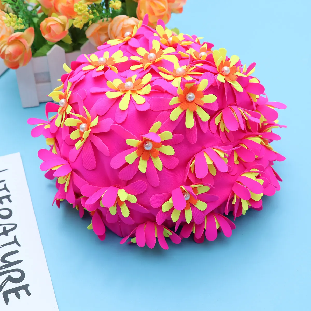 

Женская шапочка для плавания с цветочным узором и жемчугом, 3D цветы, розовая, с защитой ушей, универсальный размер, для бассейна и пляжа