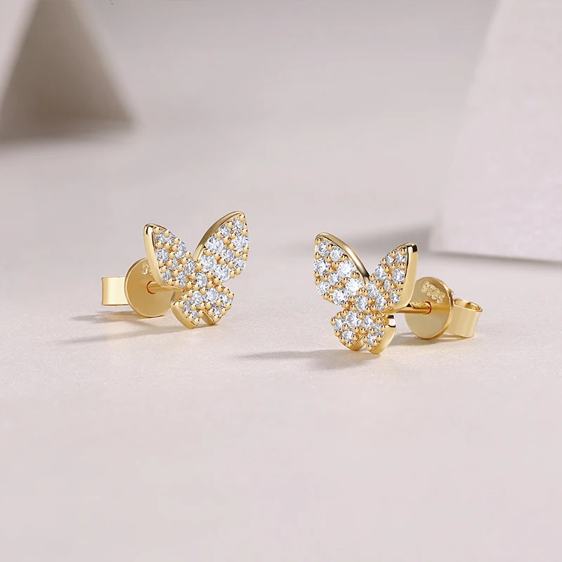 Yellow Gold Earrings For Women Moissanite Diamond Silver Jewelry Square Elegant S925 Butterfly Women's Moissanite Stud Earrings