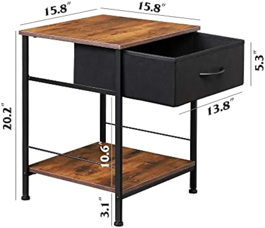 Nightstand Set of 2, End Table with Fabric Storage Drawer and Open Wood Shelf, Bedside Furniture Steel Frame,