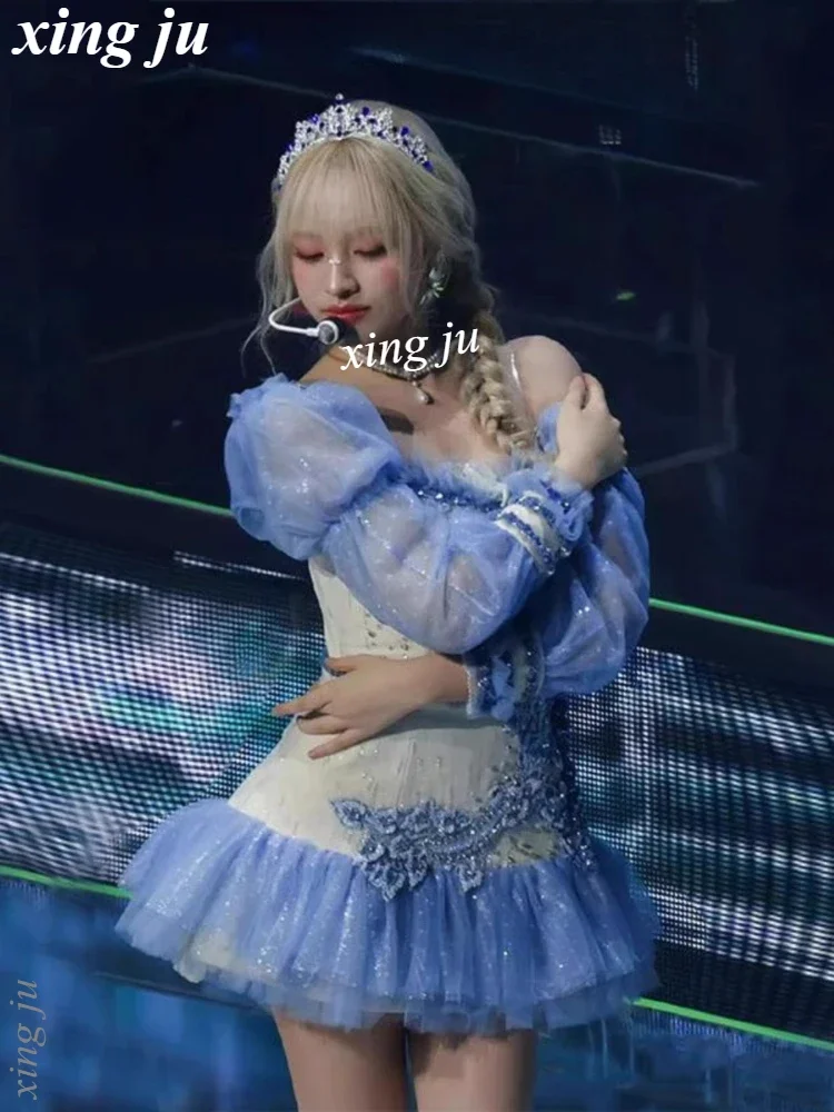 مهرجان المغني الكوري أنيقة خارج الكتف الدانتيل فستان بكم طويل أزياء رقص الجاز النساء Kpop Dj مرحلة الأداء الملابس