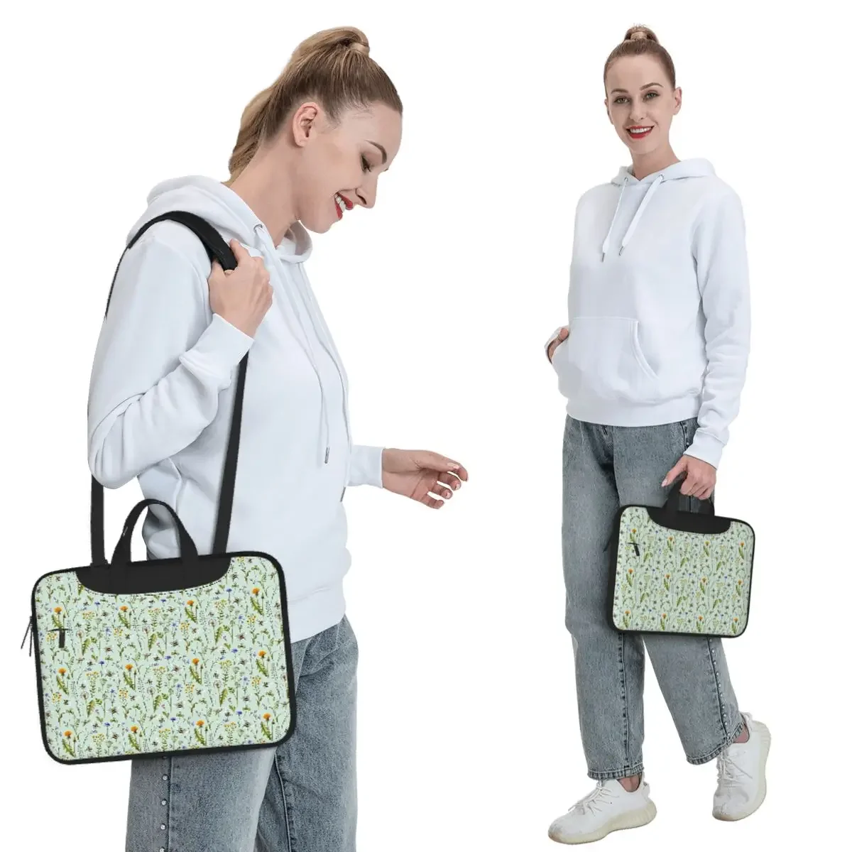 Bees And Wildflowers On Mint Crossbody Laptop Bag Case Computer Bag Resistant Protective Notebook Pouch for Macbook Pro Lenovo