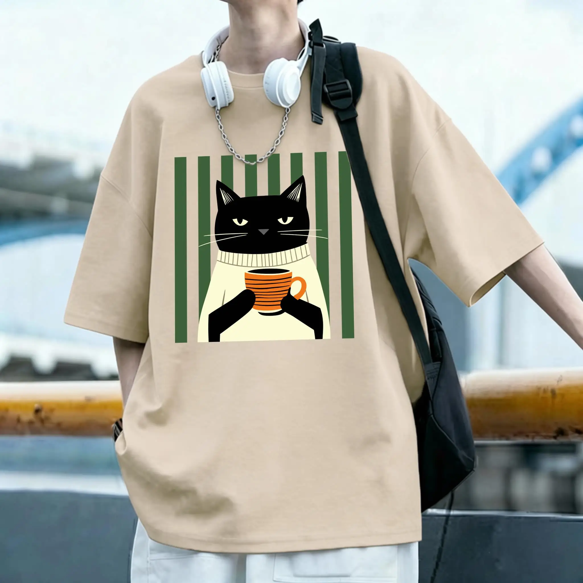 Black Cat Coffee Cup Design Man Cartoon O-Neck Tops All-Match Sportswear Casual Cotton Soft T-Shirt Fashion Korean Clothes